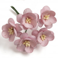 Бумажные цветы вишни 2,5 см. на веточке, уп.5шт., пенка