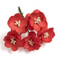 Бумажные цветы вишни 2,5 см. на веточке, уп.5шт., красные