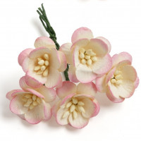 Бумажные цветы вишни 2,5 см. на веточке, уп.5шт., ванильный/розовый