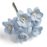 Бумажные цветы вишни 2,5 см. на веточке, уп.5шт., голубые