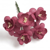 Бумажные цветы вишни 2,5 см. на веточке, уп.5шт., бордовые