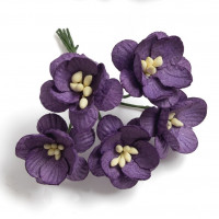 Бумажные цветы вишни 2,5 см. на веточке, уп.5шт., темно-фиолетовые
